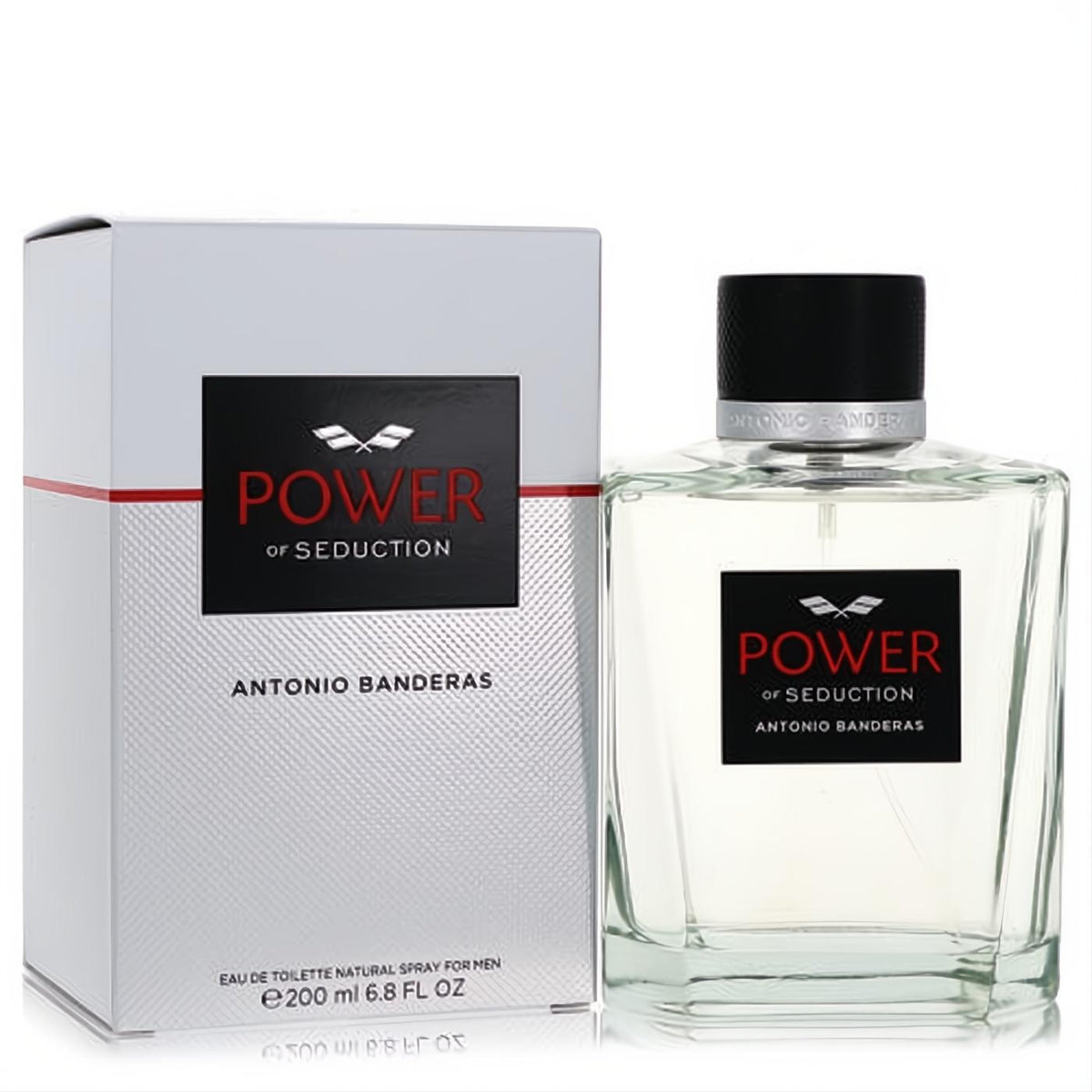 Antonio Banderas Power of Seduction 6.8 oz EDT. Sleek clear glass bottle with black cap, bold red/black label, displayed with its elegant white box.