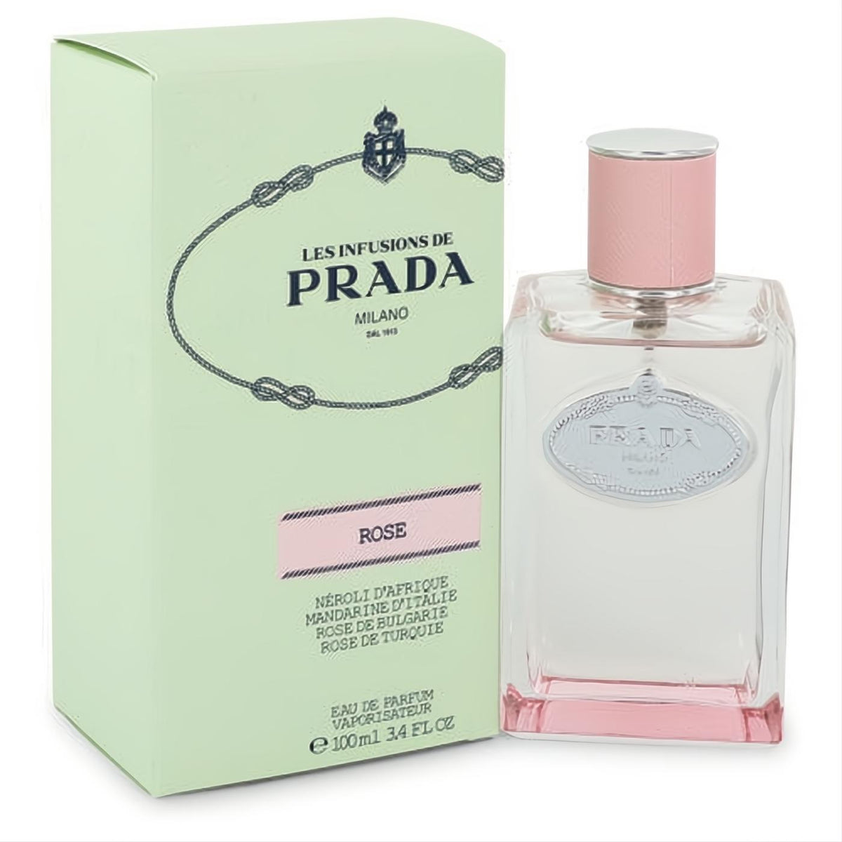 Prada Infusion De Rose 3.4 oz EDP: Elegant clear glass bottle with pink liquid, silver logo, and matching cap, next to its pale green box.