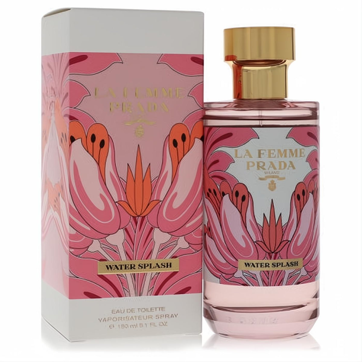 Prada La Femme Water Splash 5.1 oz EDT. Clear bottle with soft pink fragrance, luxurious gold cap, and vibrant floral box design.