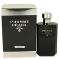 Prada L'homme Intense 3.4 oz men's Eau de Parfum. Bold black bottle, silver cap, and sophisticated black & silver box.