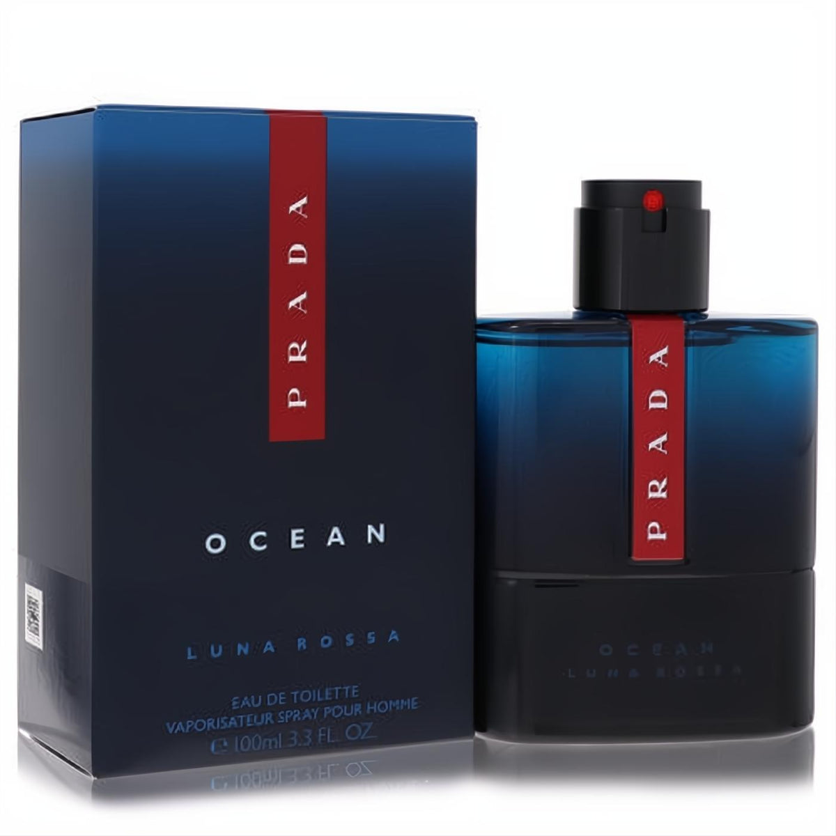Prada Luna Rossa Ocean 3.3 oz EDT. Elegant dark blue bottle with a vibrant red stripe, showcasing the iconic Prada logo. Includes matching retail box.