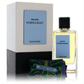 Prada Olfactories Purple Rain 3.4 oz EDP. Clear bottle with golden fragrance, black cap, light blue label, and a vibrant patterned gift pouch.
