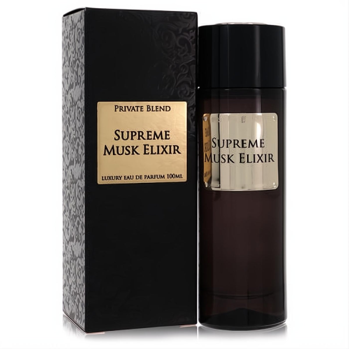 Luxurious Chkoudra Paris Supreme Musk Elixir 100ml perfume in a dark amber bottle and elegant black textured box with gold labels.