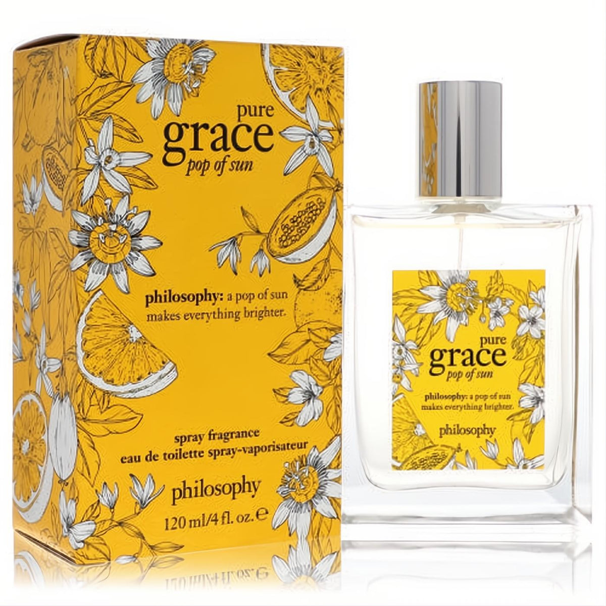 Pure Grace Pop Of Sun 4 oz EDT spray. Elegant clear glass bottle, vibrant yellow box with cheerful floral citrus design.