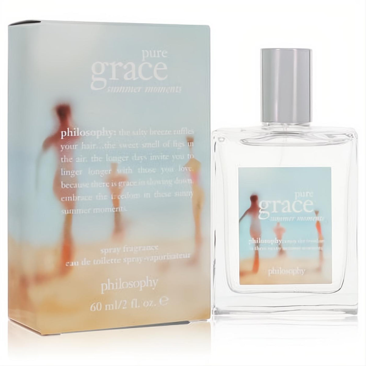 Pure Grace Summer Moments 2oz EDT: clear glass spray bottle & light blue box with serene beach art. Embrace summer's fresh scent.