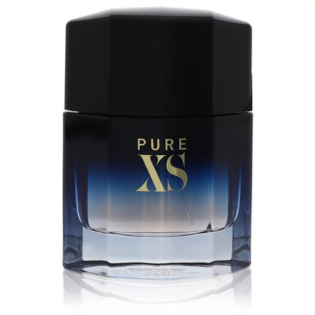 Paco Rabanne Pure XS 3.4 oz men's Eau De Toilette. Sleek dark blue gradient glass bottle with bold gold "PURE XS" text.