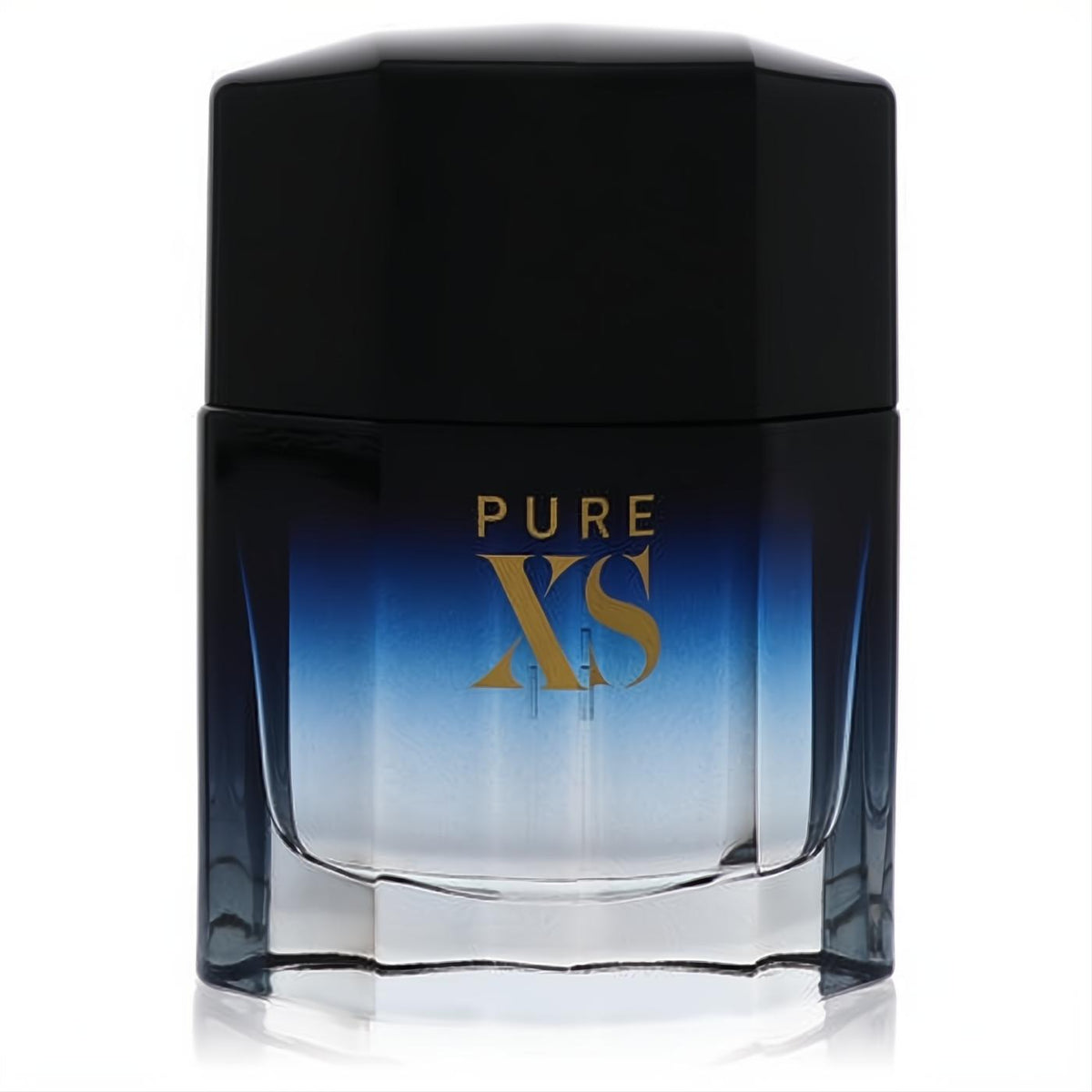Paco Rabanne Pure XS men's Eau De Toilette. Sleek dark blue ombre glass bottle, gold "PURE XS" logo, and bold black angular cap.