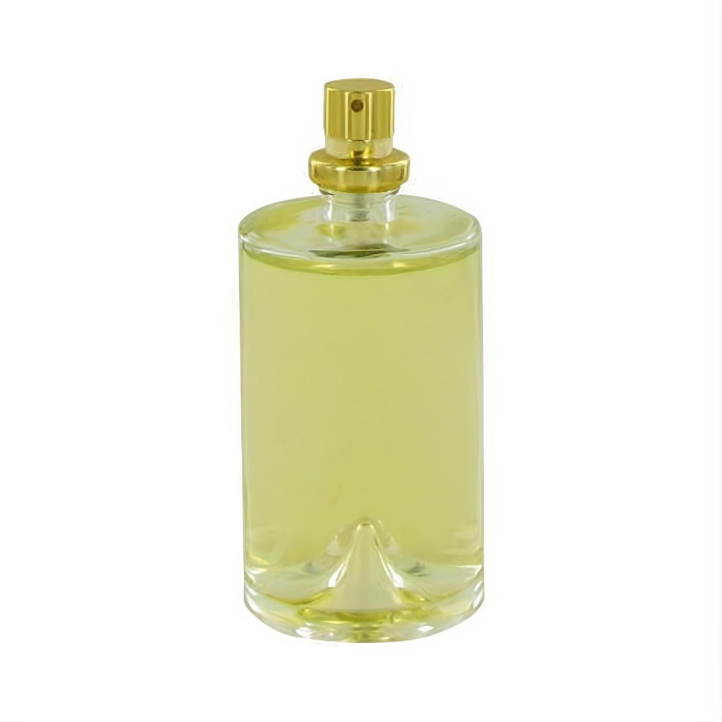 Molyneux Quartz 3.4 oz tester EDP. Clear cylindrical glass bottle with radiant yellow fragrance, gold sprayer, and unique concave base.