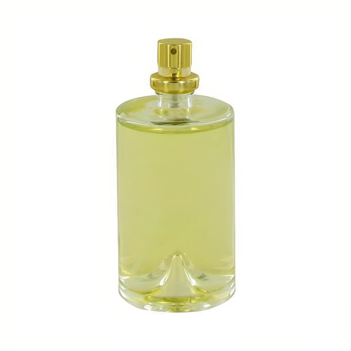 Molyneux Quartz 3.4 oz tester EDP. Clear cylindrical glass bottle with radiant yellow fragrance, gold sprayer, and unique concave base.