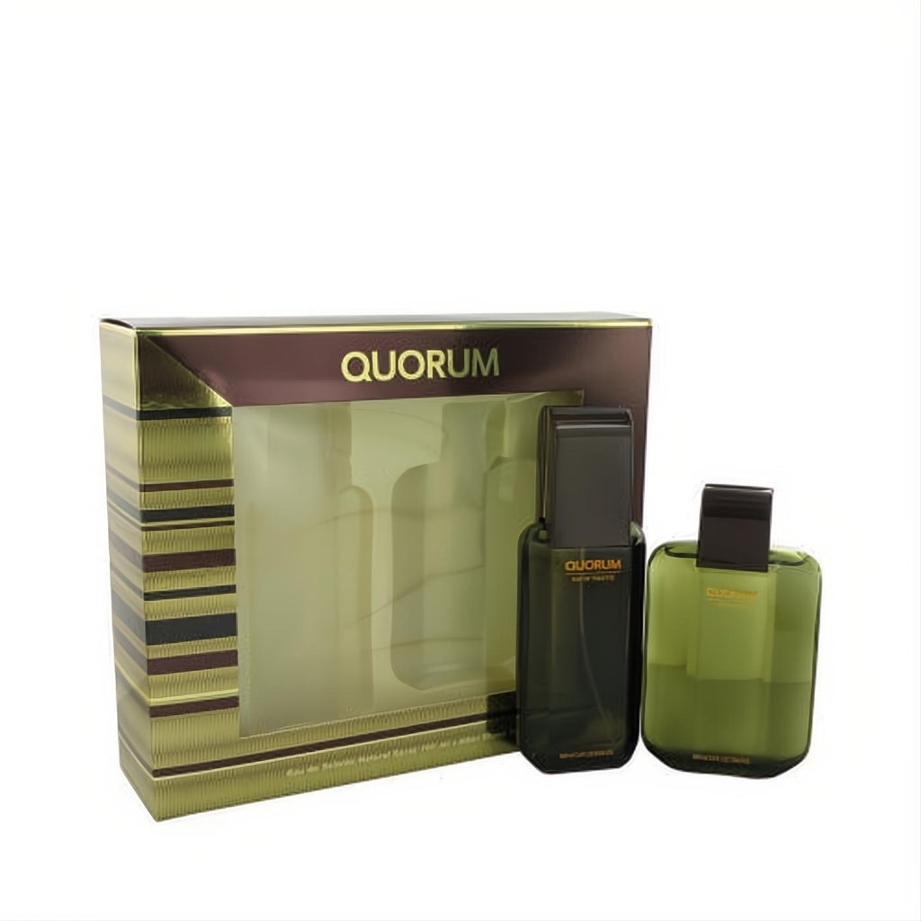 Quorum by Antonio Puig 3.3 oz EDT & After Shave gift set. Luxurious gold box, dark green spray, olive after shave.