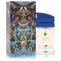 Qafiya 03 Ajmal unisex EDP. Clear 2.5 oz bottle with a bold royal blue cap, beside its luxurious, falcon-themed box.