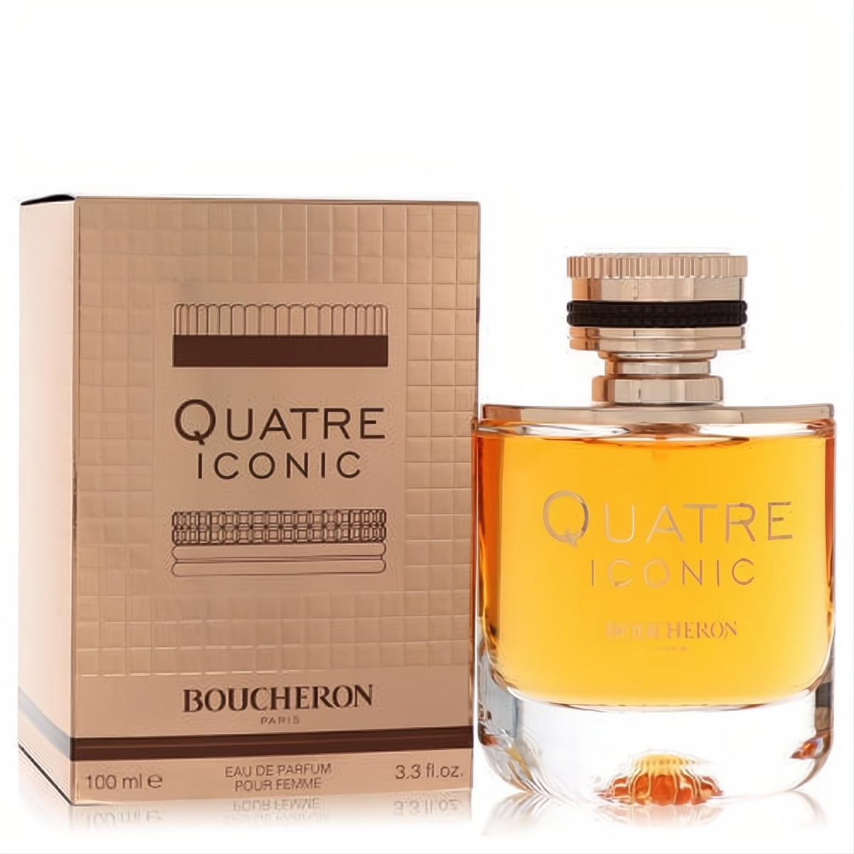 Boucheron Quatre Iconic 3.3 oz Eau De Parfum. Elegant golden amber fragrance bottle with a chic black and gold cap, beside a textured bronze box.