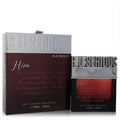 Elegant R U Serious Him by Rue Broca 3.4 oz Eau De Parfum for men. Features a rich burgundy bottle with a bold silver cap and matching box.