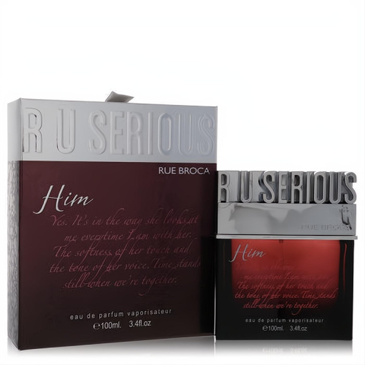 Elegant R U Serious Him by Rue Broca 3.4 oz Eau De Parfum for men. Features a rich burgundy bottle with a bold silver cap and matching box.