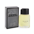 REALM by Erox 1.7 oz men's Eau De Toilette. Elegant clear glass bottle with golden fragrance, sleek black cap, and matching black & grey box.