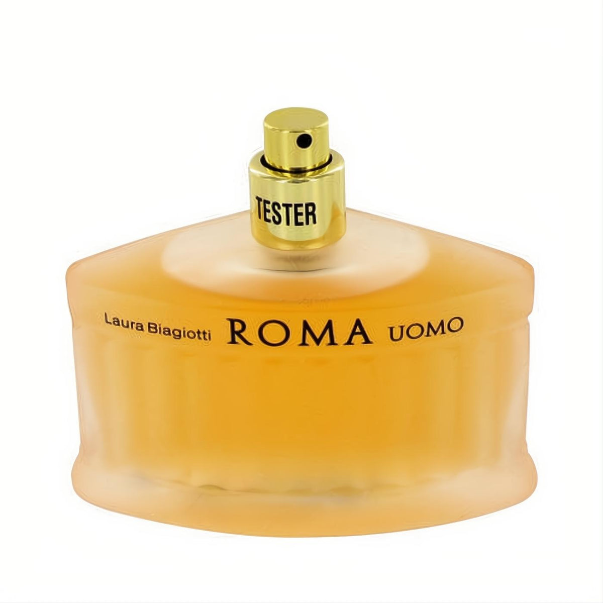 Laura Biagiotti ROMA UOMO 4.2 oz EDT tester. Distinctive frosted amber bottle with gold sprayer and 'TESTER' label.