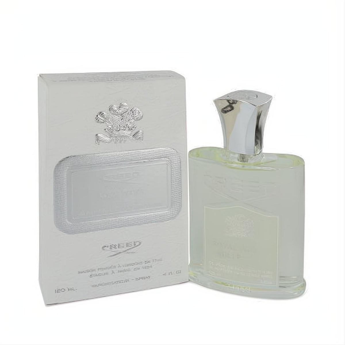 Creed Royal Water 4 oz Millesime spray. Clear glass bottle with silver cap and white embossed box, exuding luxury and elegance.