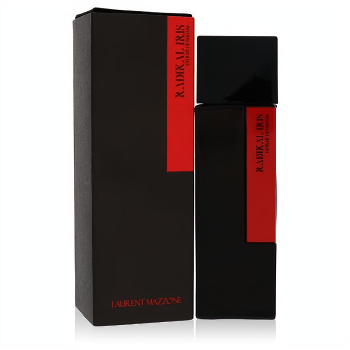 Radikal Iris 3.4 oz unisex Extrait de Parfum. Sleek black bottle & box with bold red label for a luxurious fragrance.