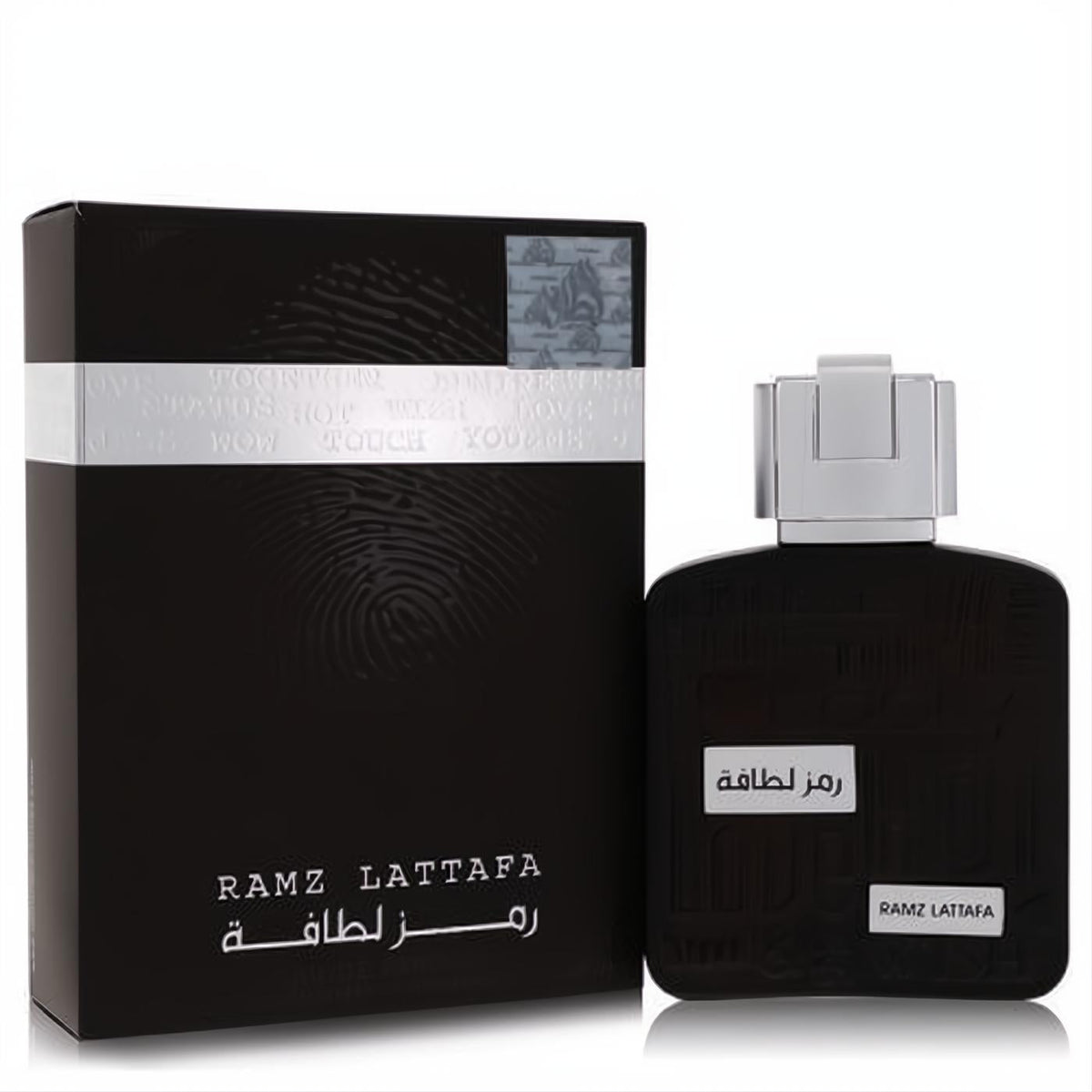 Elegant Ramz Lattafa 3.4 oz men's EDP. Sleek black bottle with textured design, silver cap, and matching black box with fingerprint.