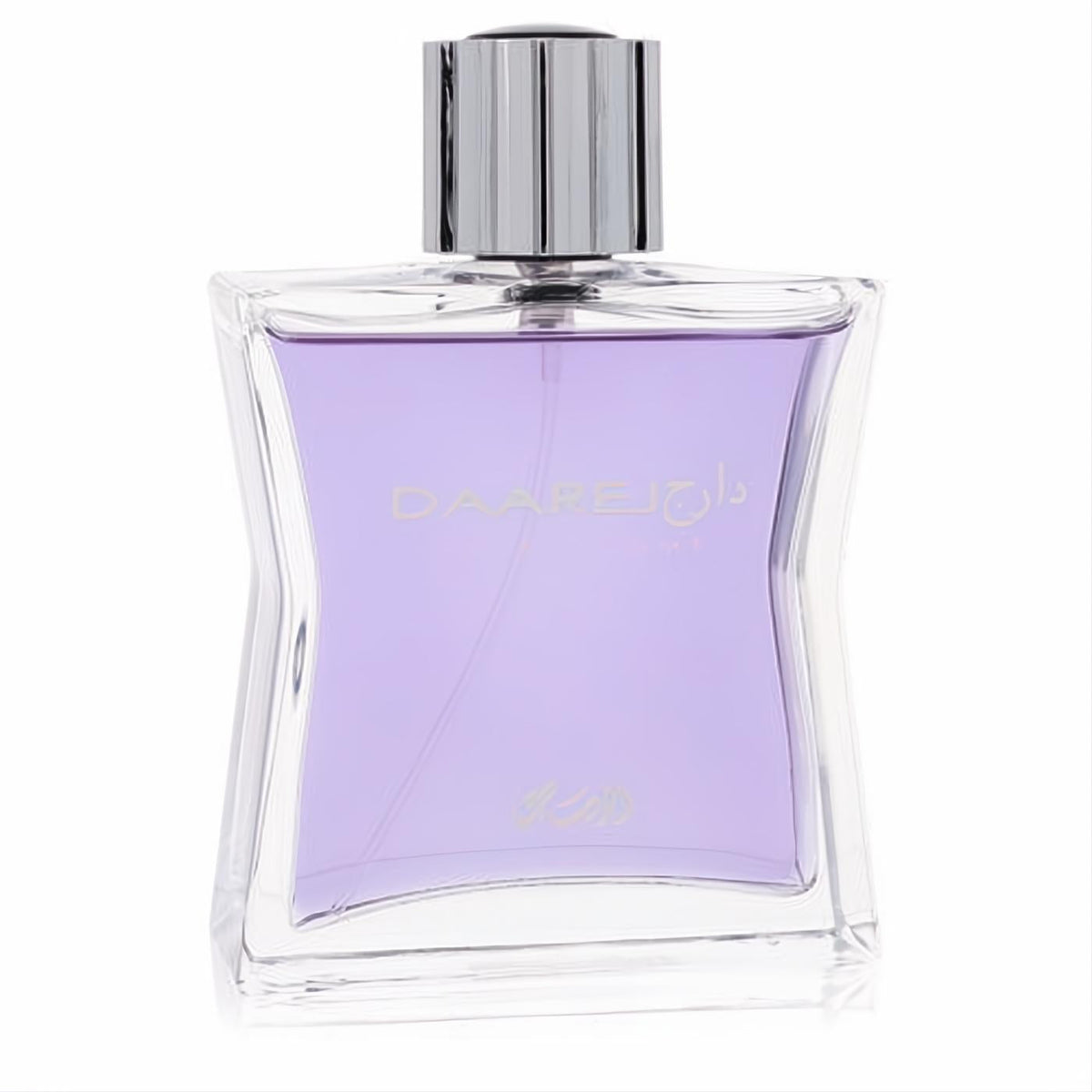 Rasasi Daarej men's EDP in a distinctive curved clear glass bottle with alluring lavender fragrance and a polished silver cap.