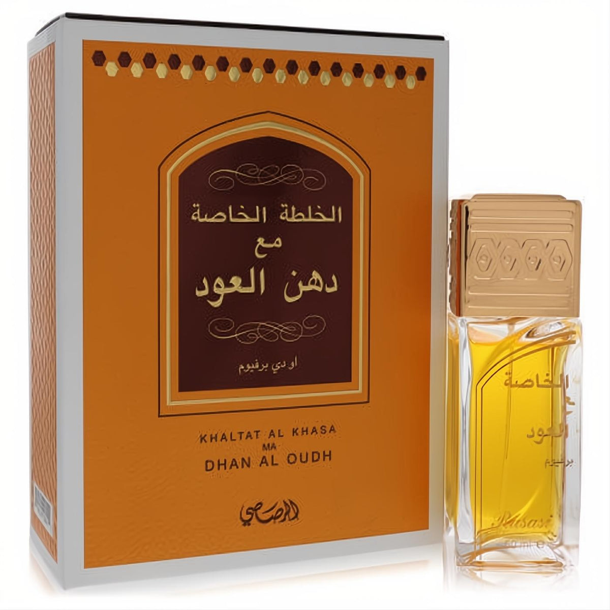 Discover Rasasi Khaltat Al Khasa unisex fragrance: a clear bottle with golden liquid, paired with its ornate amber and gold-patterned box.