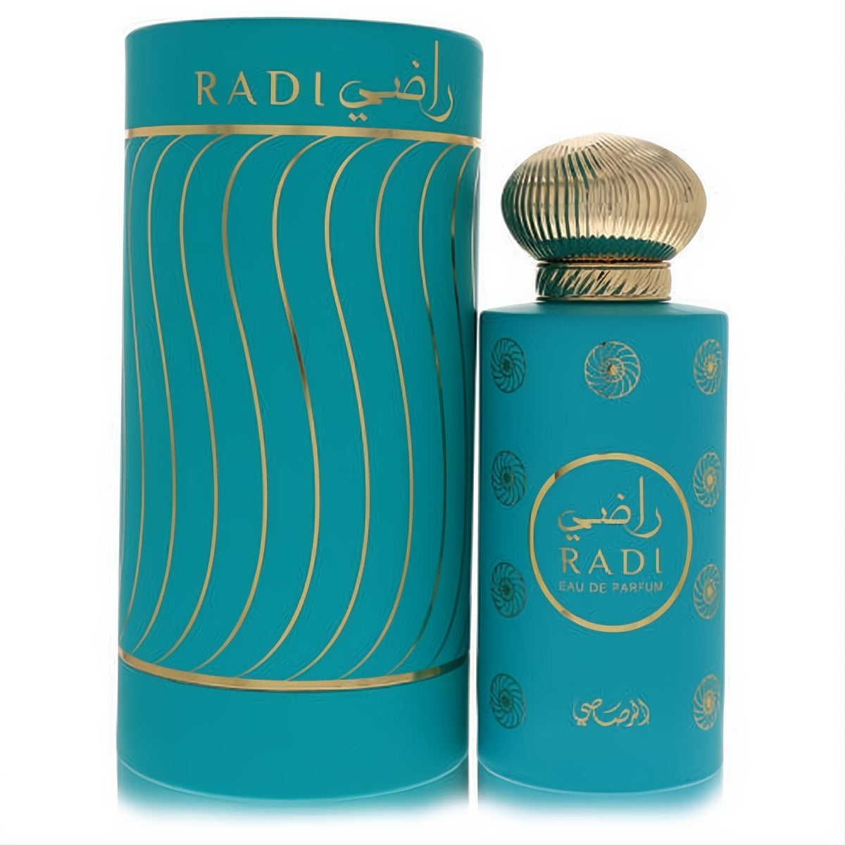 Elegant Rasasi Radi 3.4 oz unisex EDP spray in a vibrant turquoise bottle with a gold ribbed cap and decorative patterns.