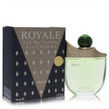 Rasasi Royale 2.5 oz EDT for men. Distinctive clear bottle with refreshing green liquid, gold accents, and an elegant dark blue box.