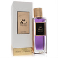Rasasi Ward Noir 6.76 oz men's EDP. Bold purple fragrance in a sleek glass bottle with a luxurious gold cap, beside its elegant white and gold box.