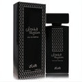 Distinctive Rasasi Wojdan 3.4 oz black Eau De Parfum spray bottle and box with elegant white geometric pattern.