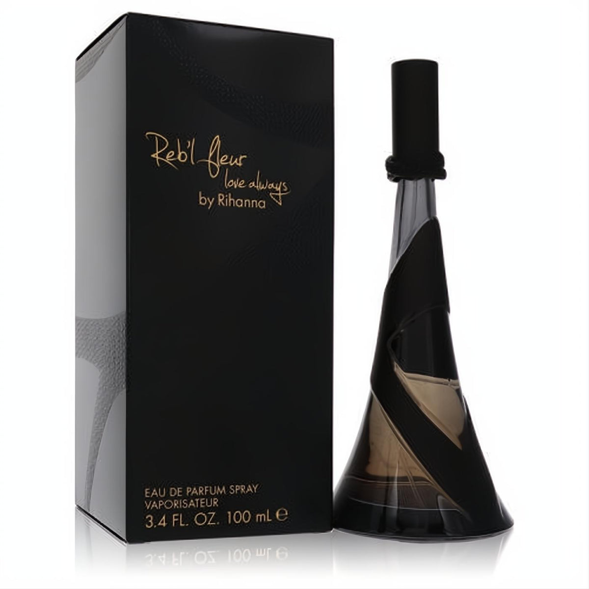 Rihanna Reb'l Fleur Love Always 3.4 oz EDP. Signature dark glass bottle with black ribbon and elegant black box with gold script.