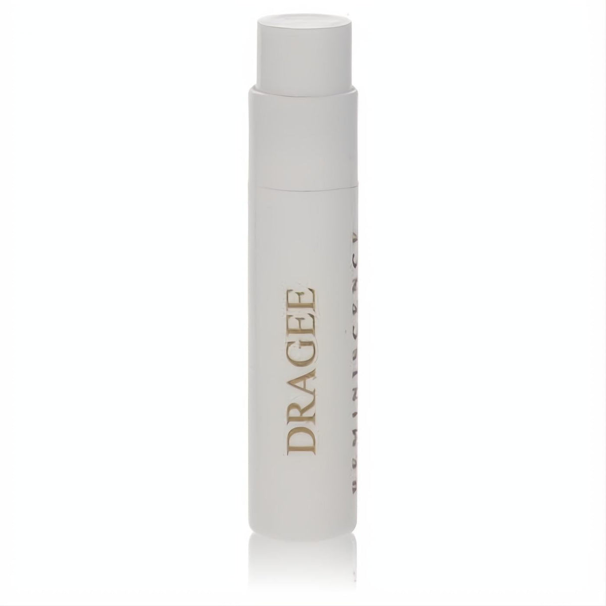 Sleek frosted white Reminiscence Dragee .04 oz perfume vial with elegant gold text.