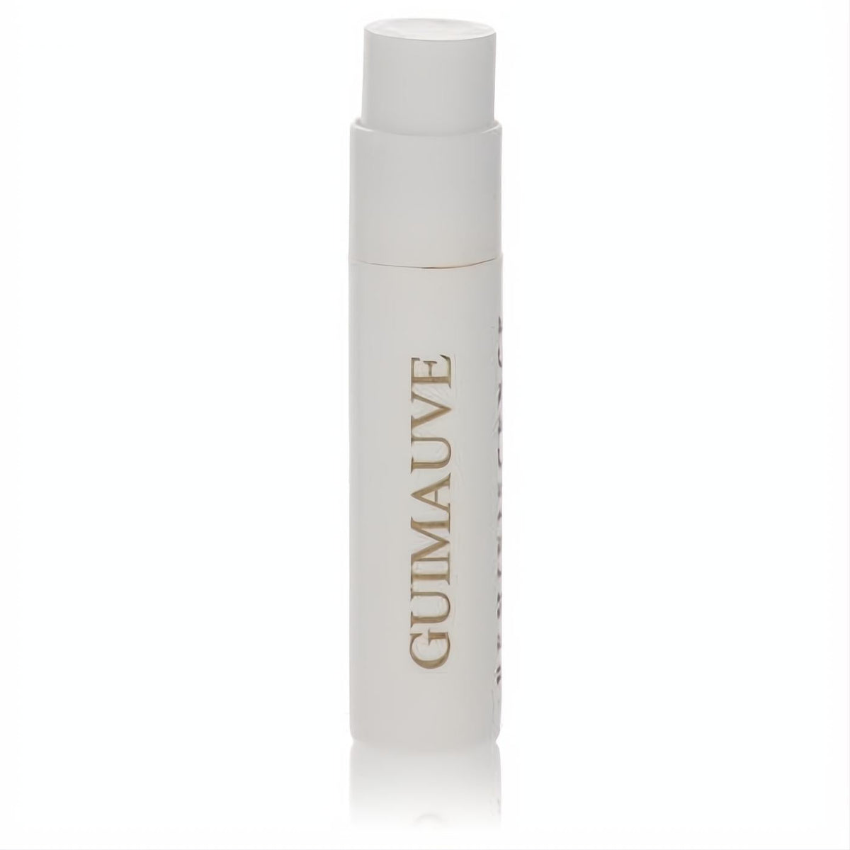 Elegant white Reminiscence Guimauve .04 oz sample spray vial with gold lettering, ideal for trying this modern fragrance.