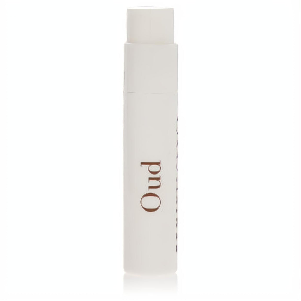 Elegant white Reminiscence Oud perfume sample vial, .04 oz, featuring "Oud" in rich brown. Experience luxury.