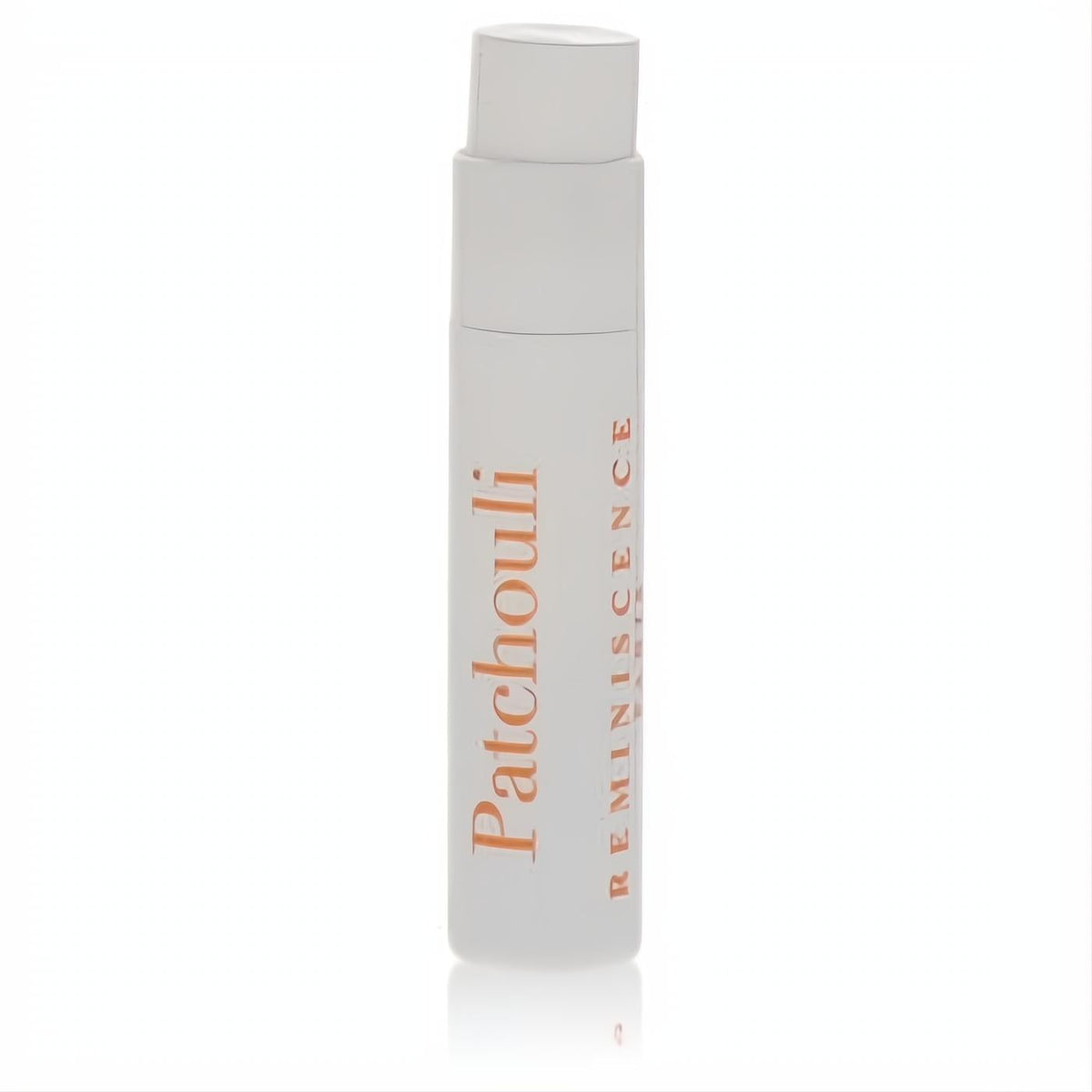 Experience Reminiscence Patchouli in this elegant .04 oz frosted white sample vial, featuring bold orange branding.