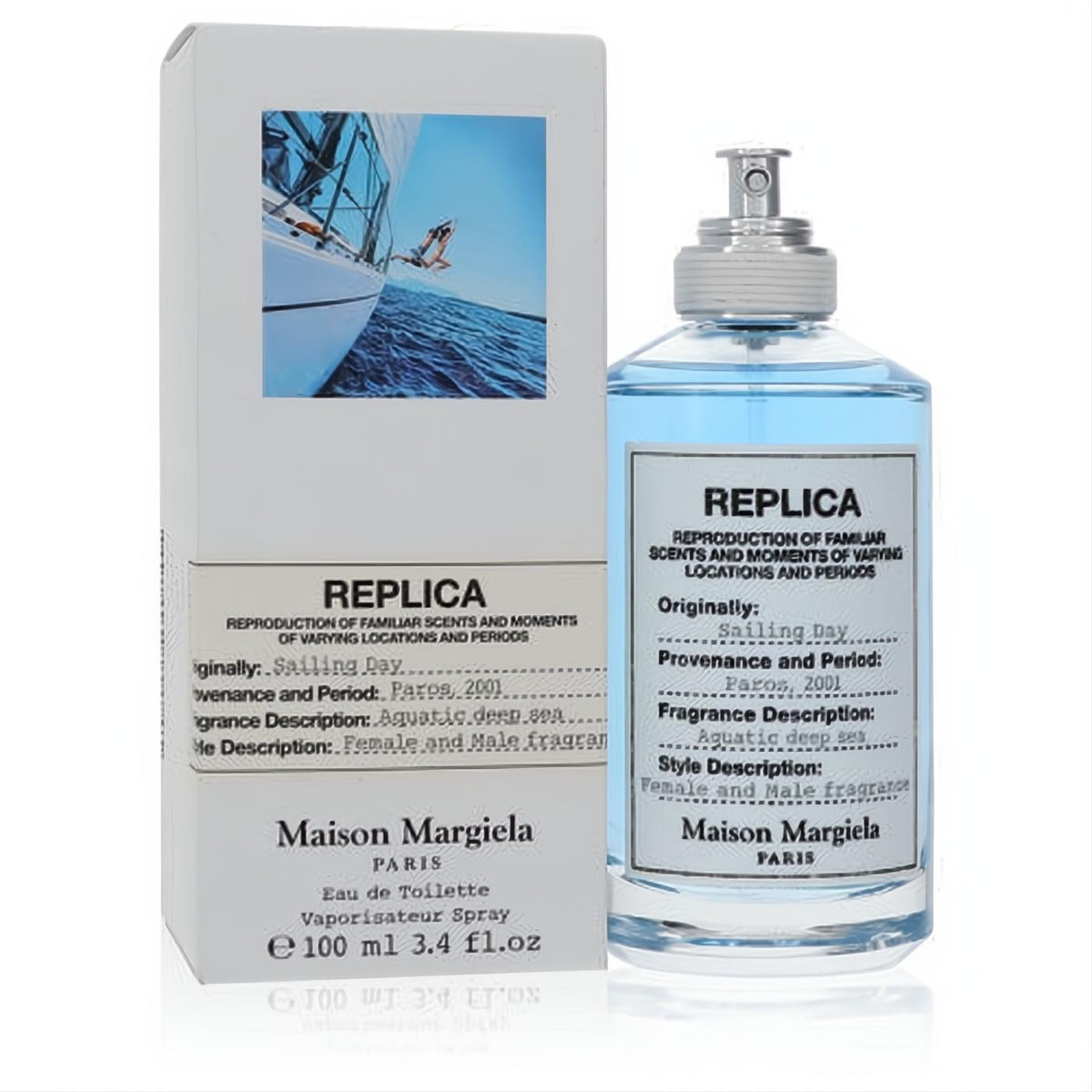 Experience Replica Sailing Day 3.4 oz EDT. Clear glass bottle with refreshing blue fragrance, elegant white box featuring a sailboat.