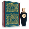 Ricina V Canto Extrait De Parfum: elegant dark blue bottle, gleaming gold cap, beside a rich teal box with intricate gold designs.