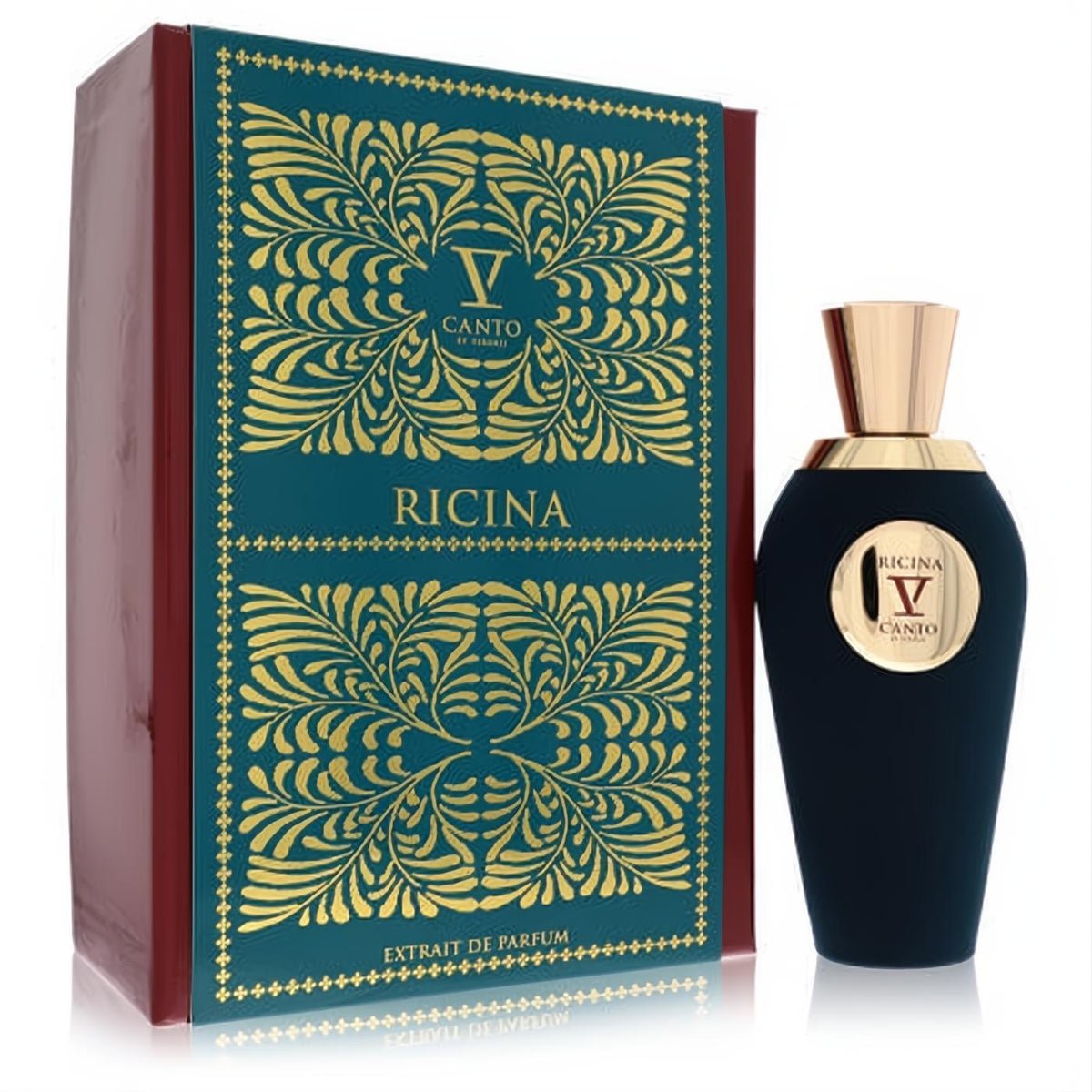 Ricina V Canto Extrait De Parfum: elegant dark blue bottle, gleaming gold cap, beside a rich teal box with intricate gold designs.