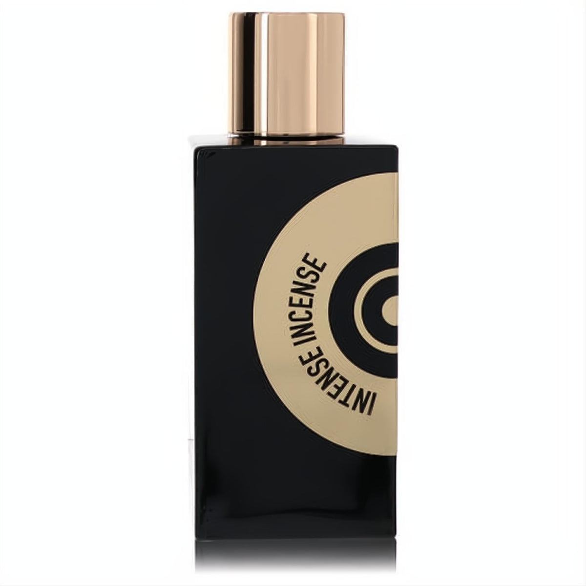 Captivating black 3.4 oz Rien Intense Incense unisex fragrance bottle, featuring a radiant gold cap and striking circular label.