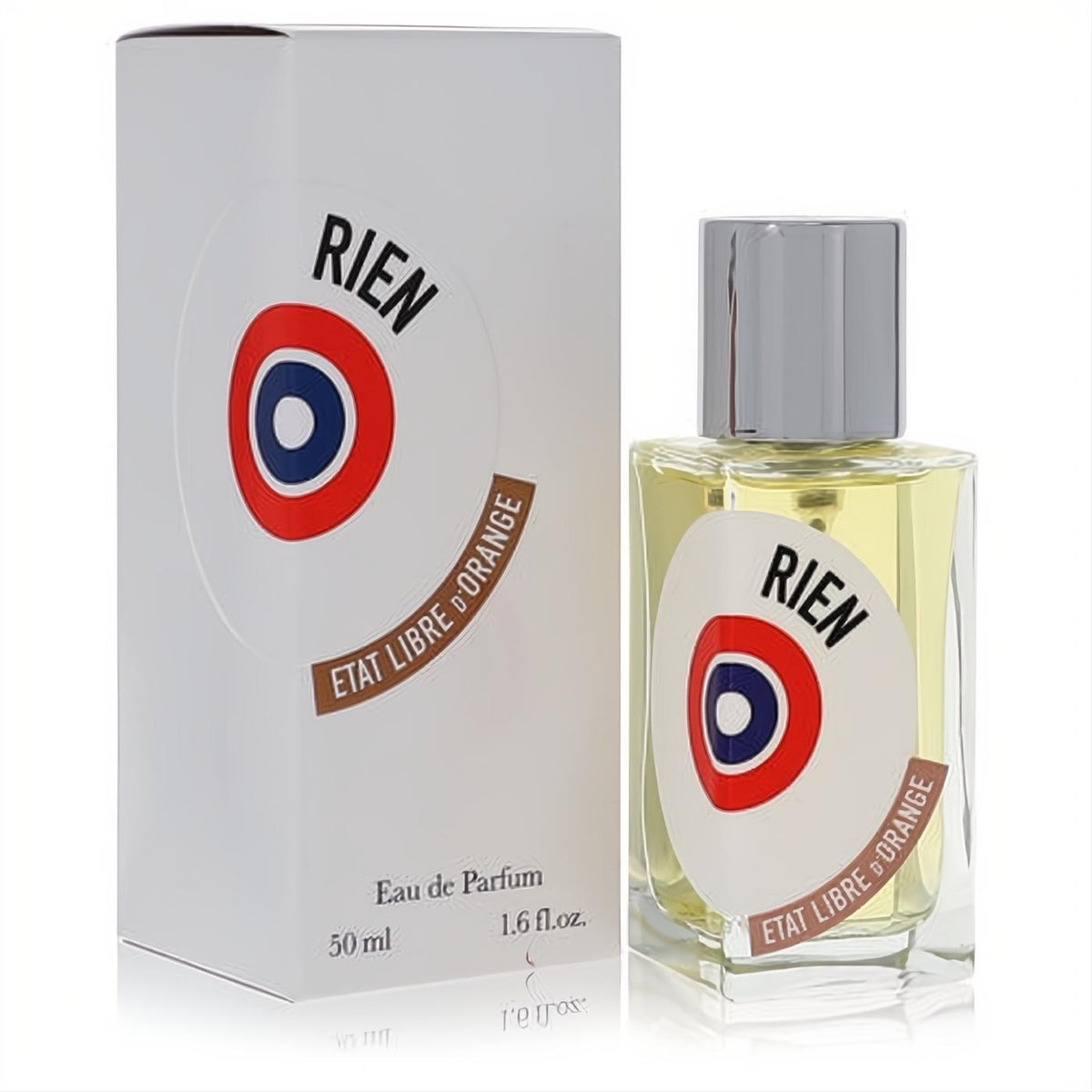Rien by Etat Libre d'Orange 1.6 oz Eau de Parfum spray. Clear glass bottle, silver cap, distinctive target logo, and elegant white box.