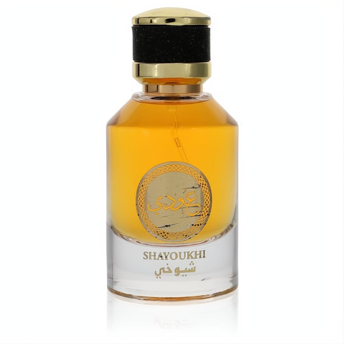 Rihanah Shayoukh unisex EDP spray: clear glass bottle, rich amber fragrance, luxurious gold cap, elegant gold Arabic label.