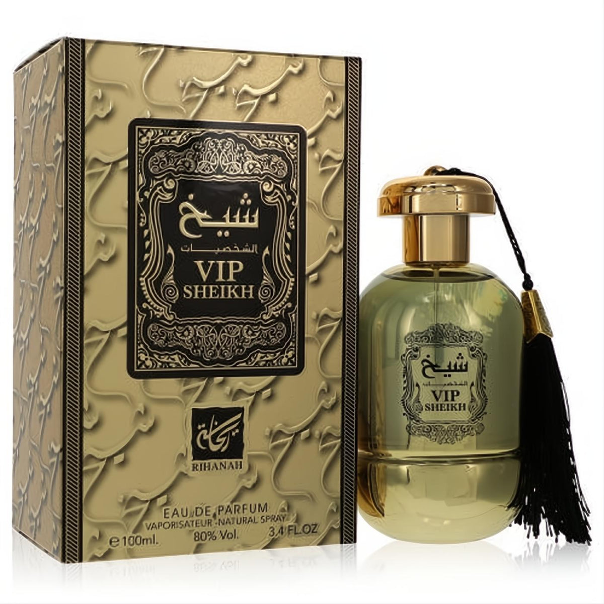 Exquisite Rihanah VIP Sheikh 3.4 oz unisex perfume. Gold bottle with black tassel and ornate gold, black-patterned box.