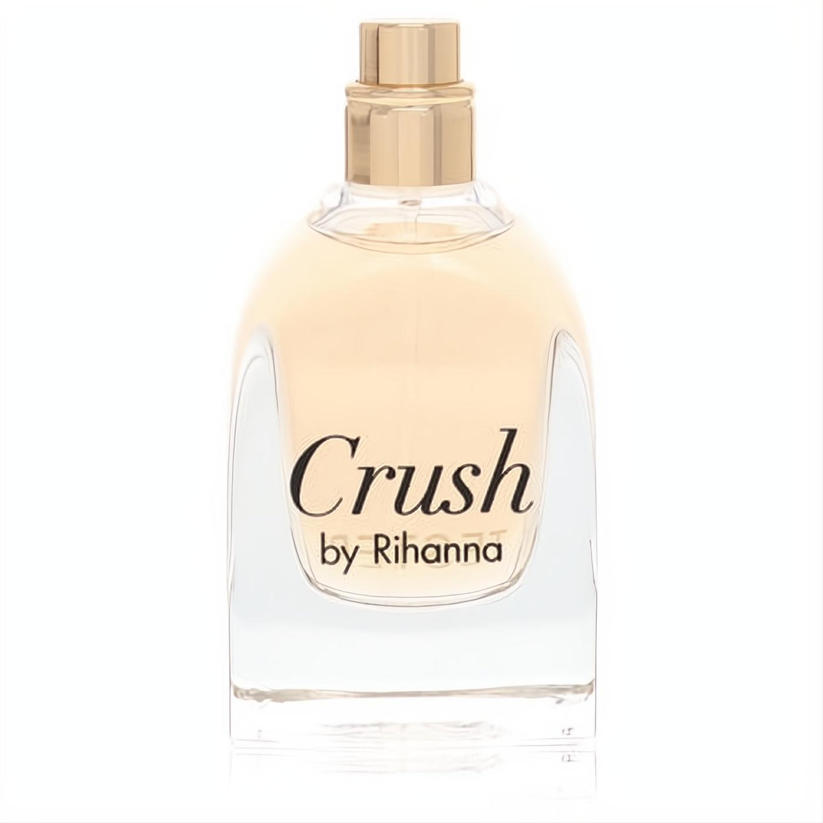 Rihanna Crush 1 oz EDP tester. Elegant clear glass bottle with a radiant gold cap and sensual amber perfume.