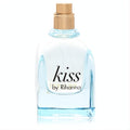 Rihanna Kiss 1 oz women's perfume tester. Clear glass bottle, light blue fragrance, and a chic gold cap.
