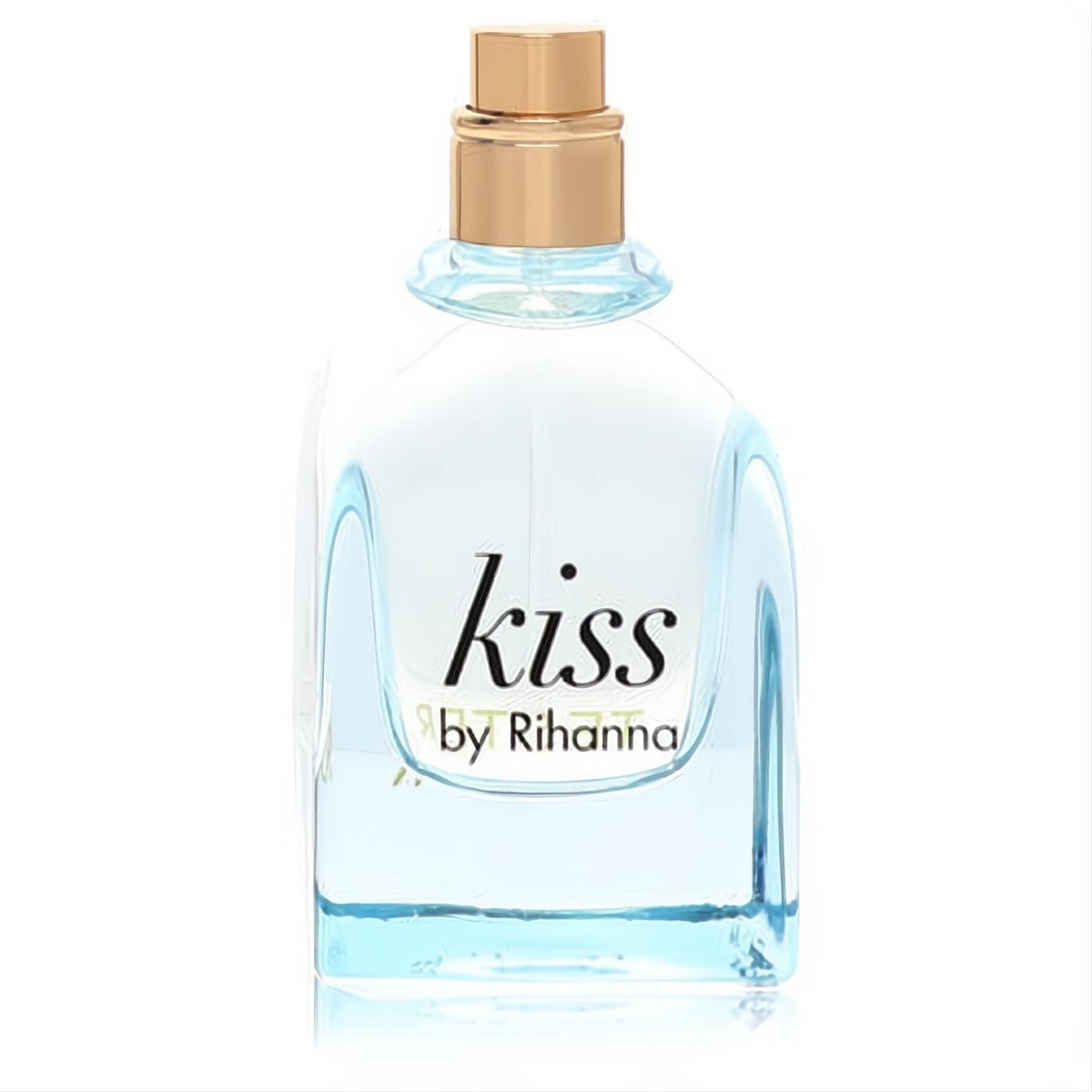 Rihanna Kiss 1 oz women's perfume tester. Clear glass bottle, light blue fragrance, and a chic gold cap.