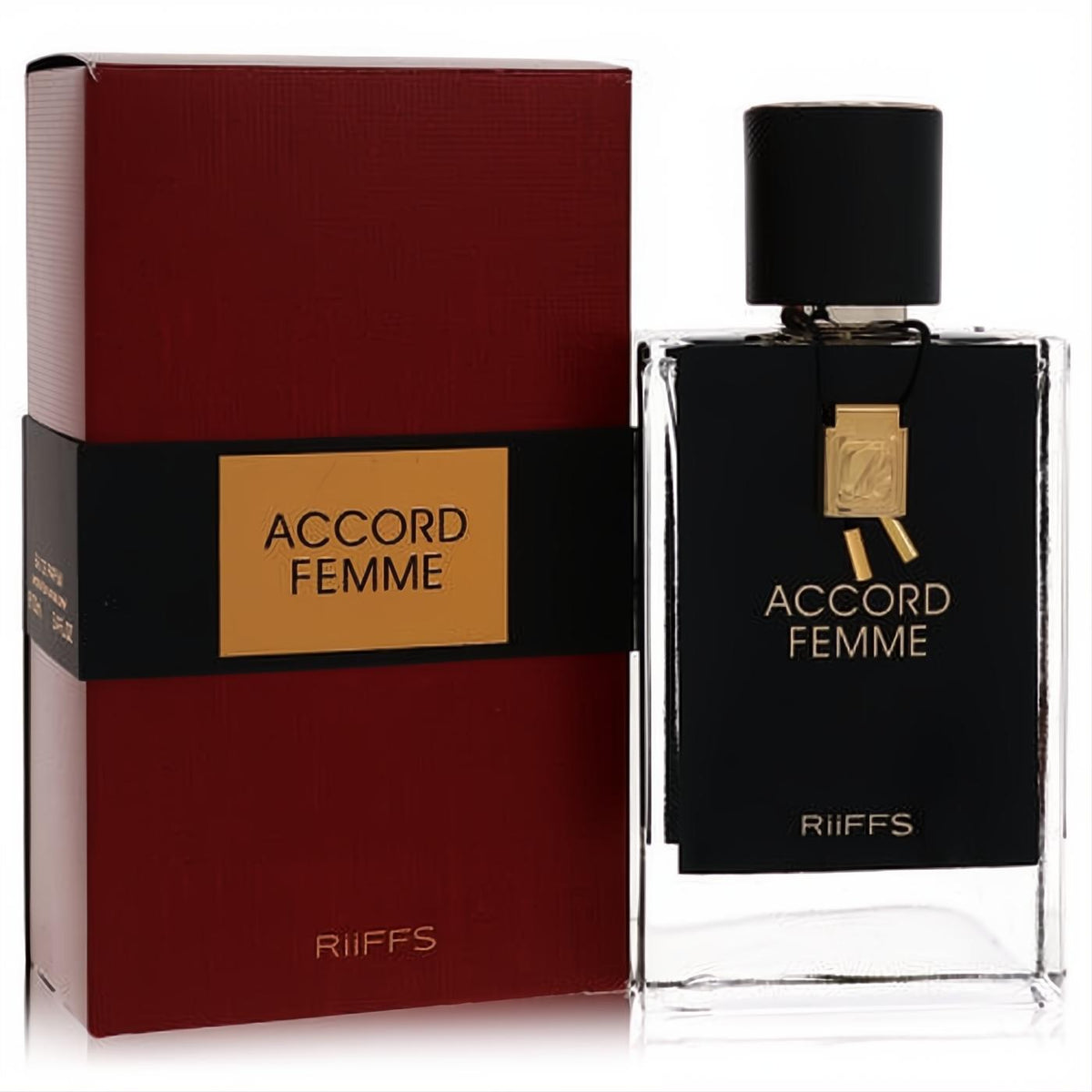 Elegant Riiffs Accord Femme perfume. Clear bottle with sleek black and gold label, beside a rich red box.