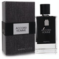 Experience Riiffs Accord Homme 3.4 oz EDP. Elegant black textured box and clear glass bottle with a distinctive silver charm.