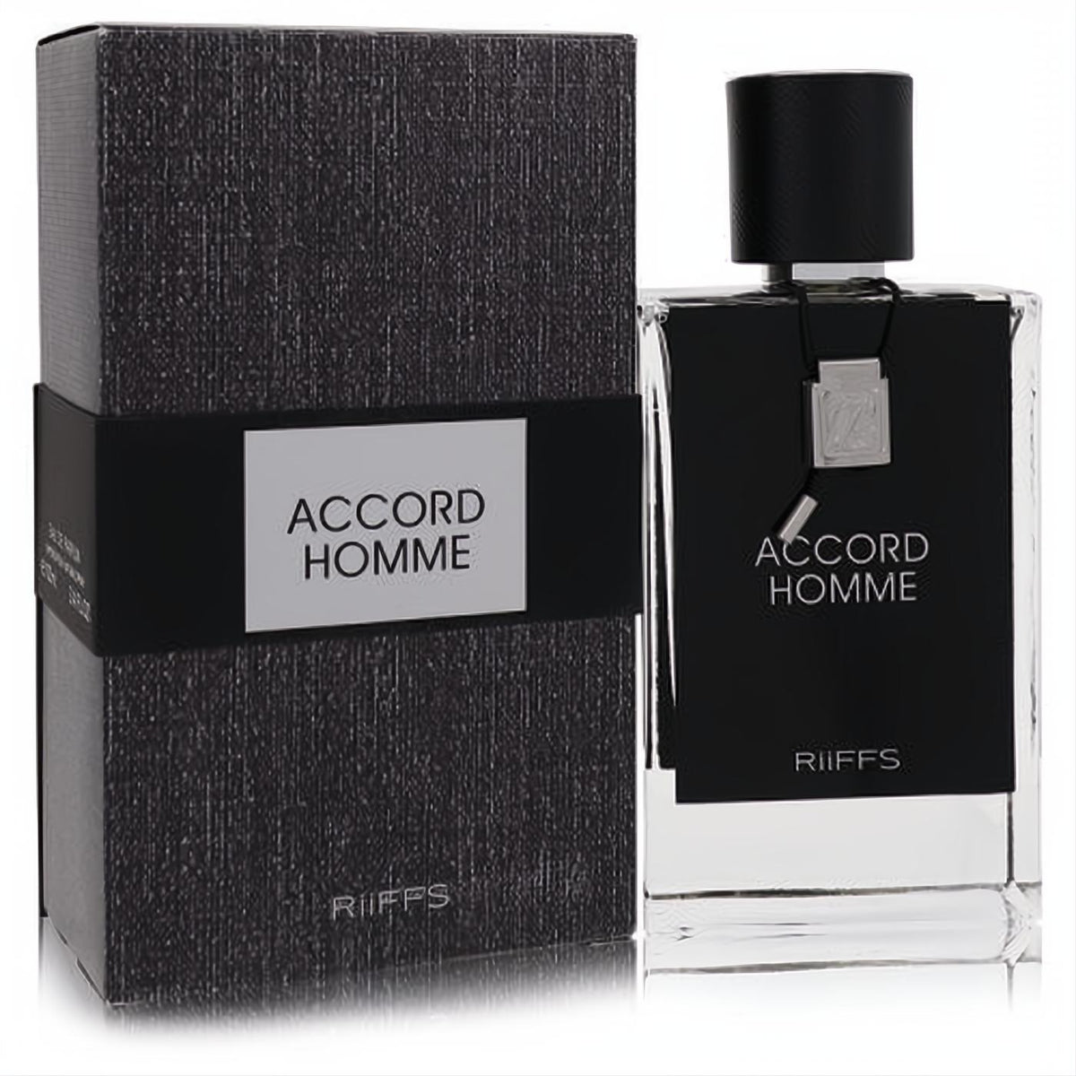 Experience Riiffs Accord Homme 3.4 oz EDP. Elegant black textured box and clear glass bottle with a distinctive silver charm.