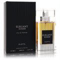 Riiffs Elegant Homme 3.4 oz Eau De Parfum. Elegant clear glass bottle with amber liquid, silver accents, and bold black packaging.