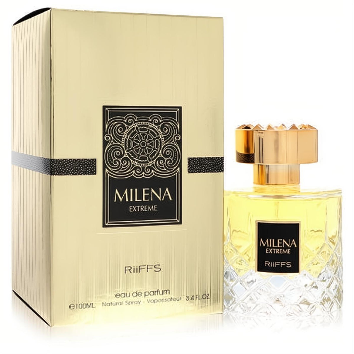 Riiffs Milena Extreme 3.4 oz EDP. Dazzling gold box and sophisticated glass bottle with diamond-cut base and regal gold cap.