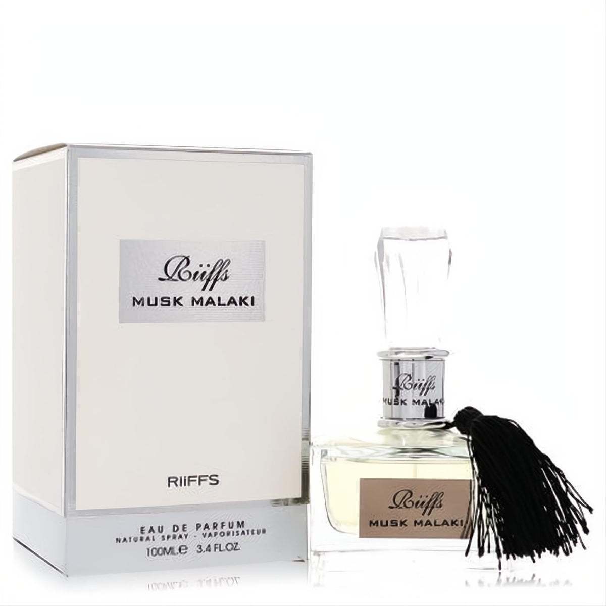 Sophisticated Riiffs Musk Malaki 3.4 oz unisex EDP. Clear glass bottle with elegant black tassel, displayed with its sleek white and silver box.